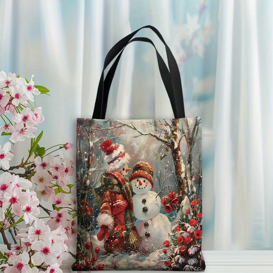 

1pc Polyester Tote Bag Christmas Snowman , Unlined Shoulder Bag For Shopping And