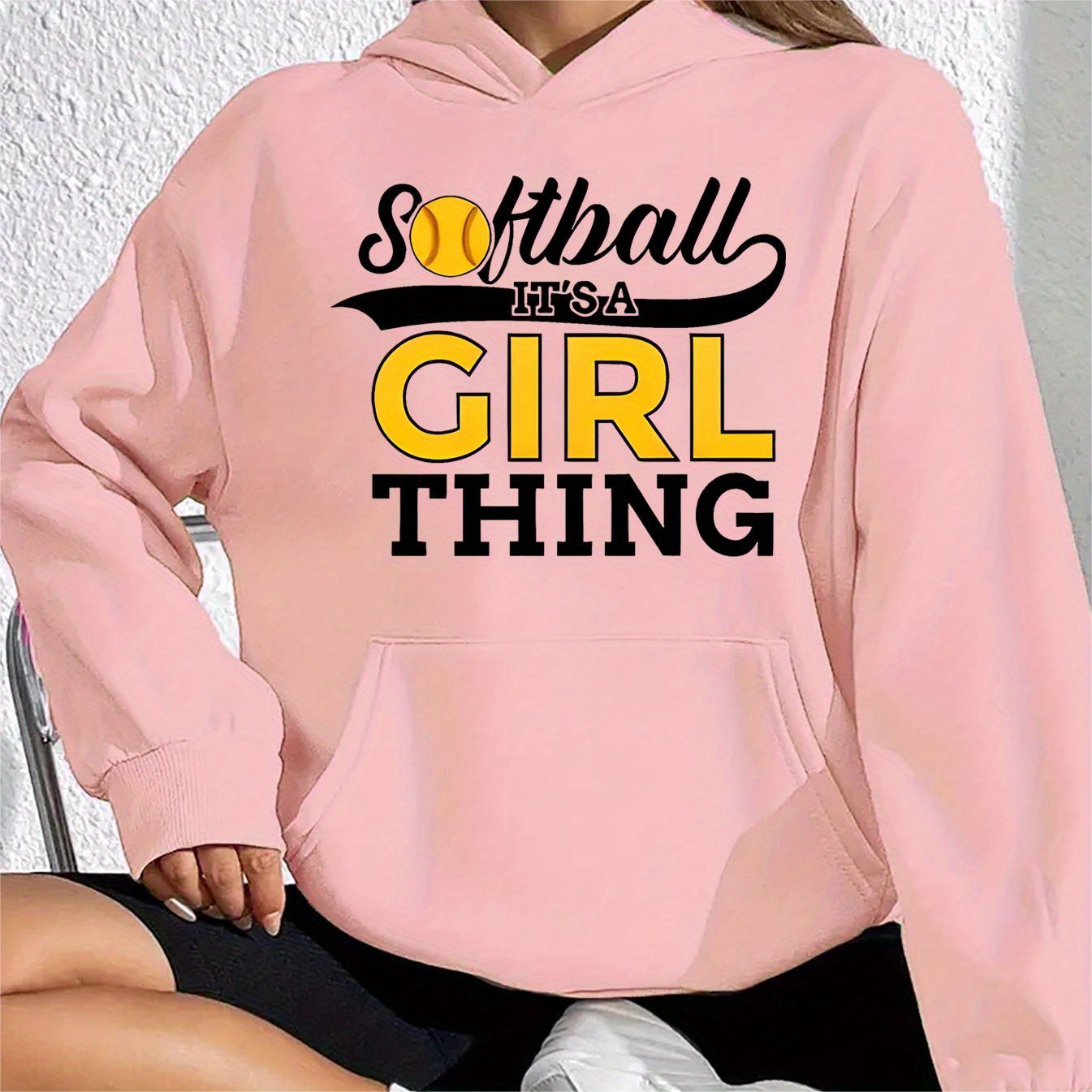 

Softball Print Women's Comfy Hoodie - Kangaroo Pocket, Fashion Forward Casual Long Sleeve Sweatshirt