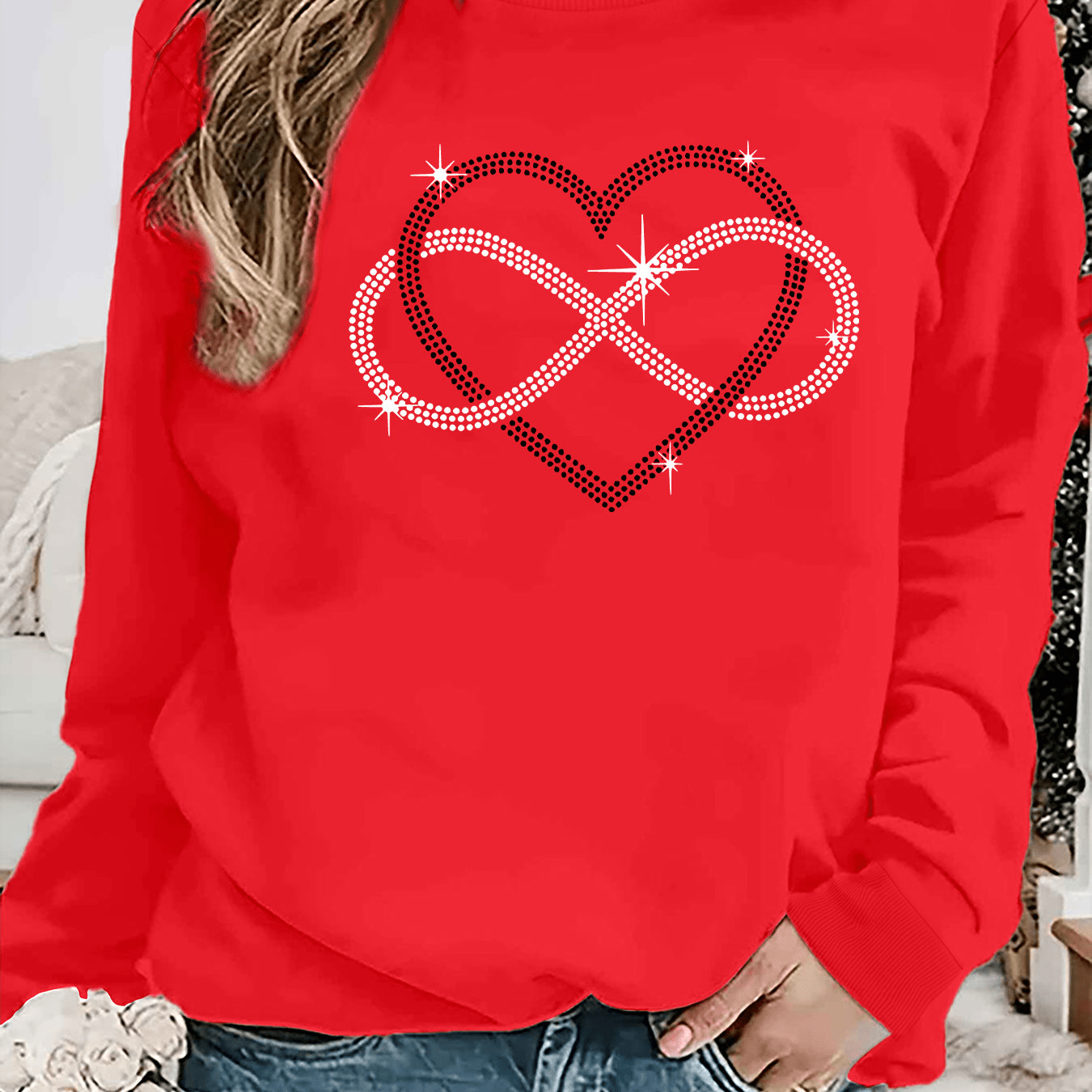 

Women' Sweatshirt, Infinity Heart Print, Casual Knit Fabric, Polyester, Round Neck, Autumn/winter Collection, Long Sleeve Pullover