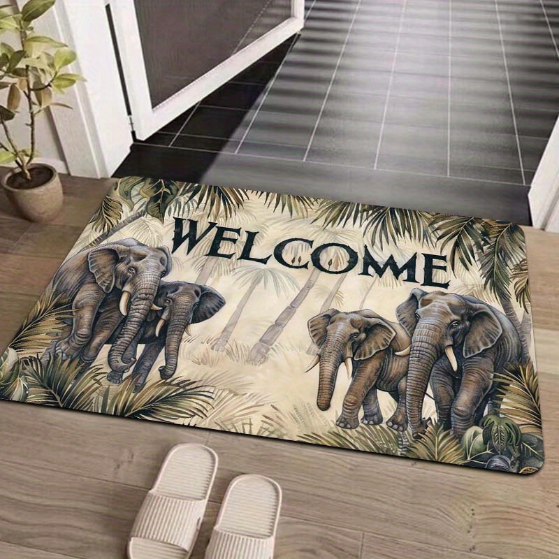 

1pc Elephant Welcome Doormat - Machine Washable Polyester Flannel Rectangle Indoor Mat With Pvc Backing For Bathroom, Kitchen, Living Room, Bedroom - Decorative Entrance Mat