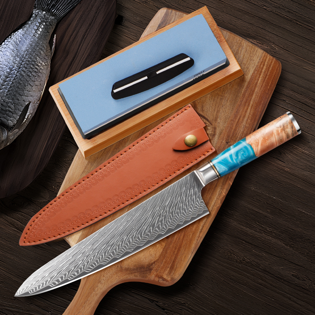 

9.5" Super Sharp Professional Chef's Knife With Knife Sharpener, Damascus Steel Chef Knife, Ergonomic Stabilized Wooden Handle Handle And Gift Box