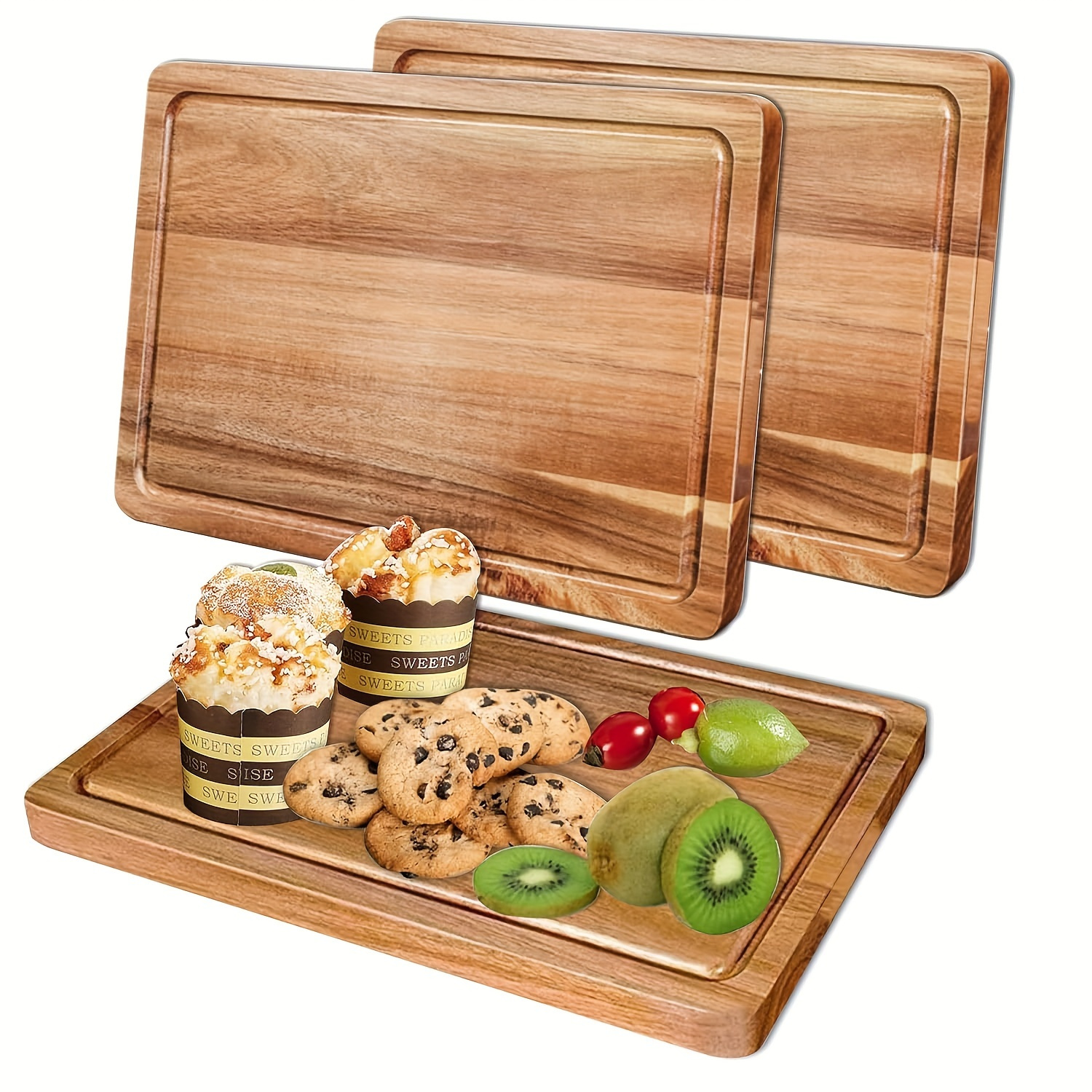 

1-piece Kitchen Wooden Cutting Board: Thick, Cheese Sausage Board With Side Handles And Juice Trough - Suitable For Food Contact