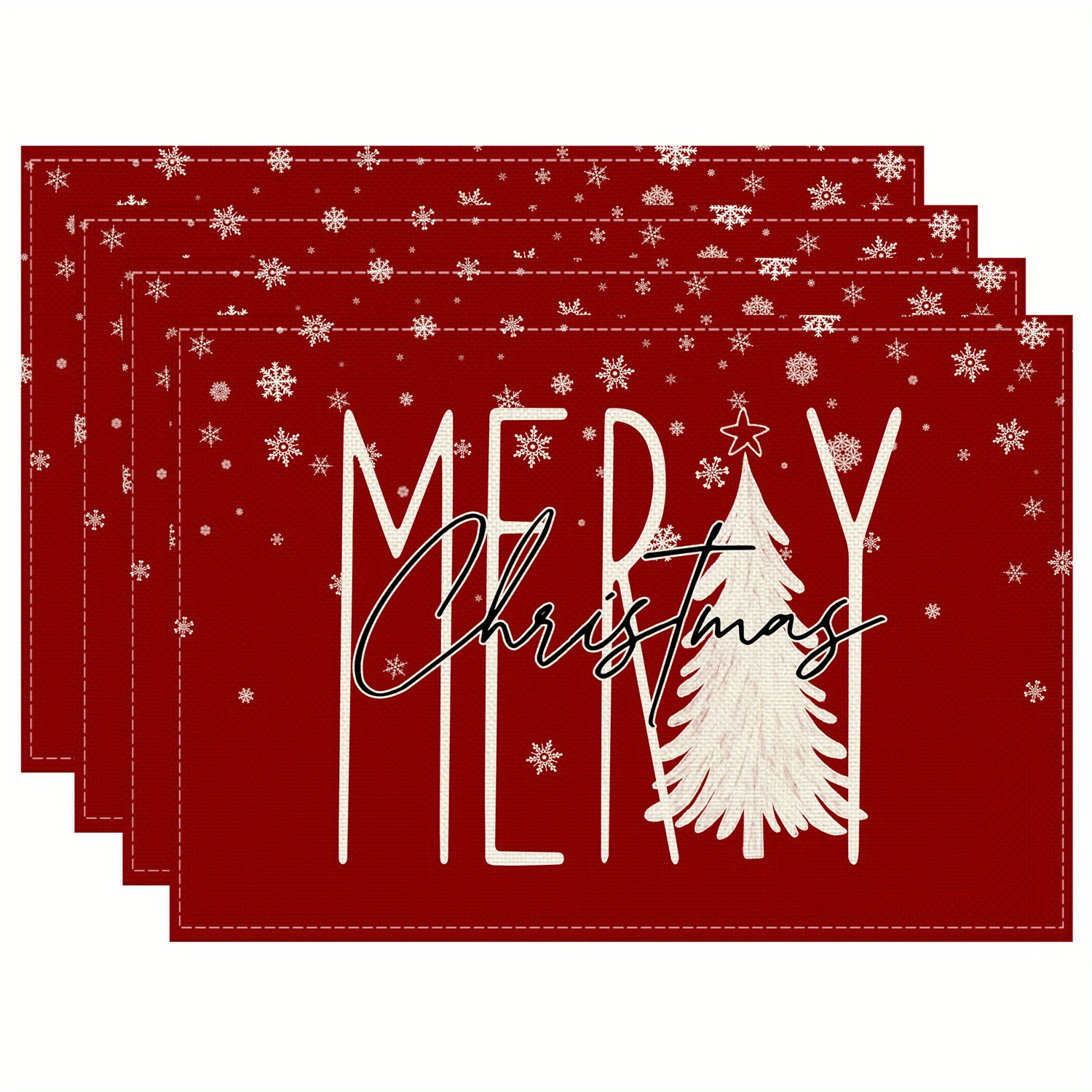 

Woven Linen Blend Christmas Placemats - Set Of 4, Rectangular, Hand Wash, Festive Red Snowflake & Merry Christmas Tree Design (30x45cm)