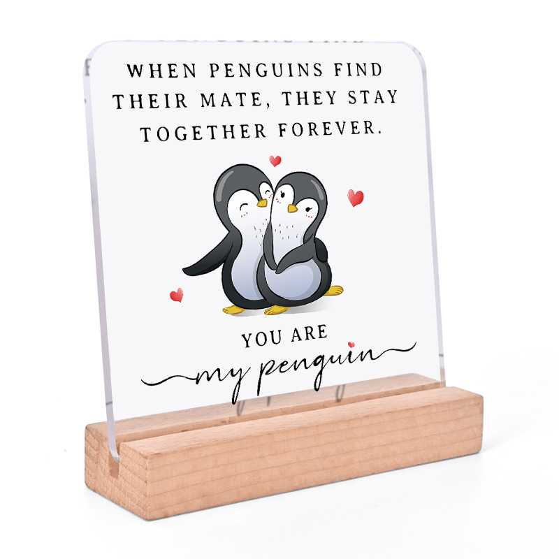 

1pc Penguin Love Acrylic Plaque With Wooden Base - Ideal Romantic Gift For Boyfriend, Husband, Girlfriend, Wife - Valentine's Day & - No Batteries Needed