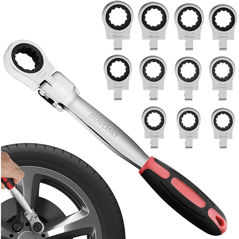 

12-in-1 Detachable Ratchet Wrench Set, Swivel Head Metric Ratchet Wrench Tool With 9-19mm Interchangeable Heads, 7pcs Set, Hanging Plastic Storage Rack