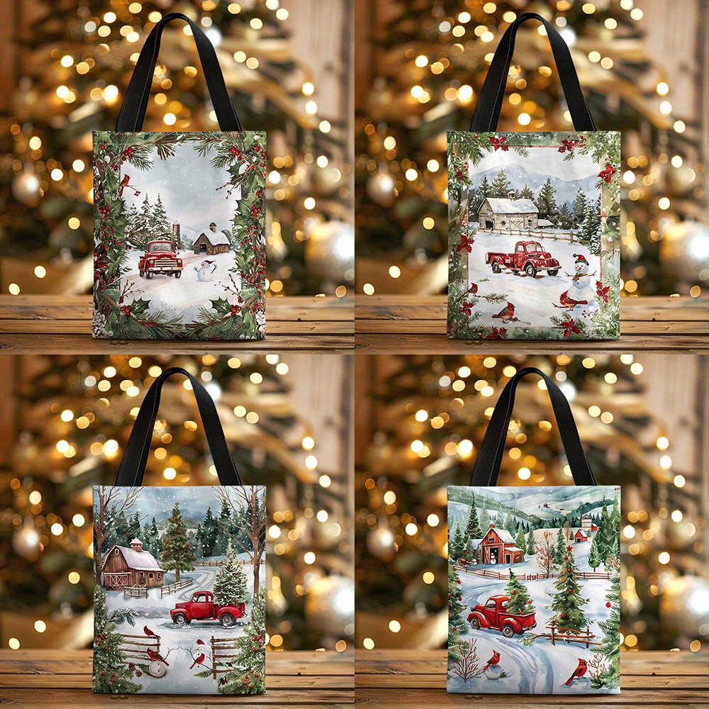 

Charming Vintage Christmas Canvas Tote Bag - Scene With Truck, Holly & Design, Durable 16.5"x13.3" Handbag For Shopping, Work & Travel