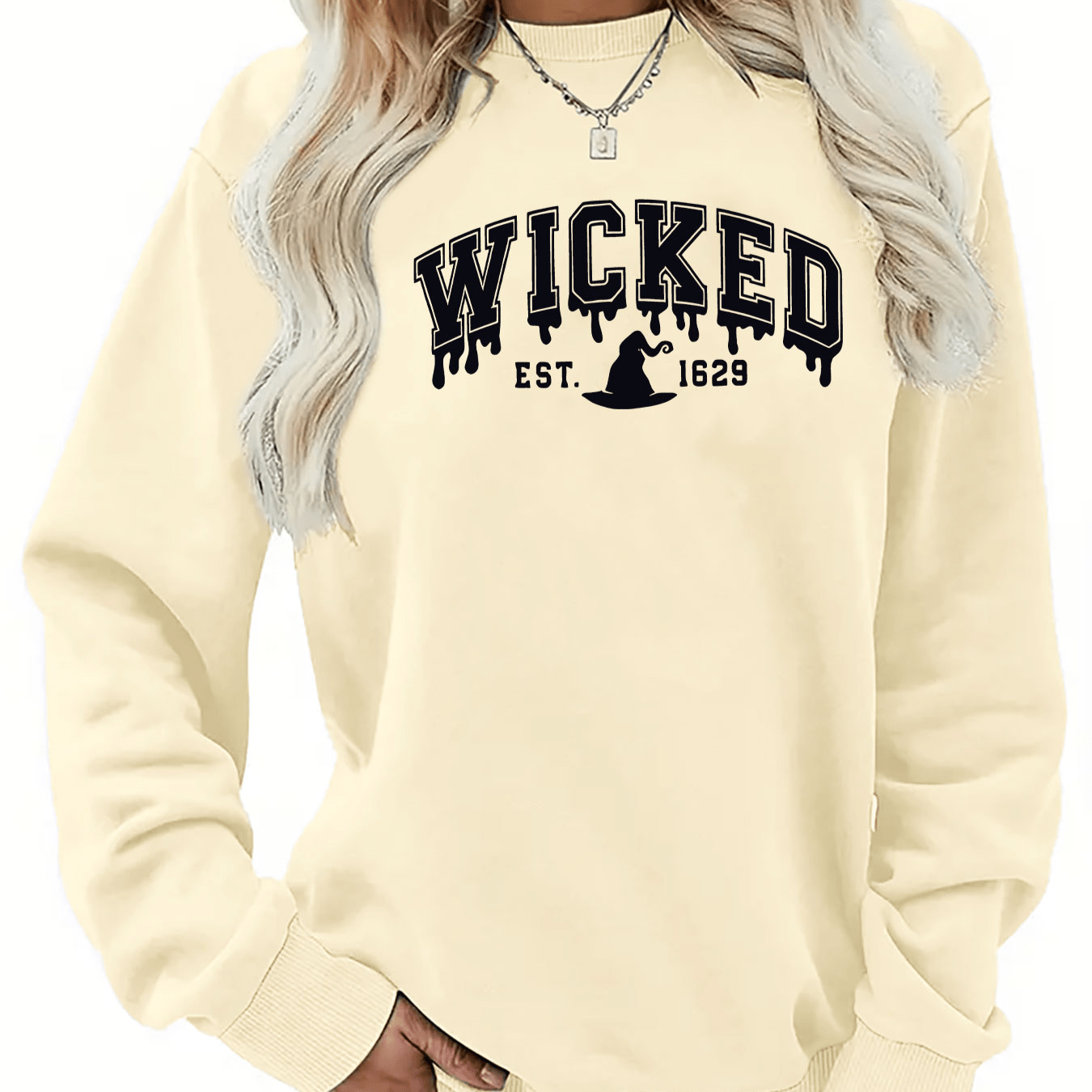 

Wicked Letter Print Pullover Sweatshirt, Casual Long Sleeve Crew Neck Sweatshirt For Fall & Winter, Women's Clothing