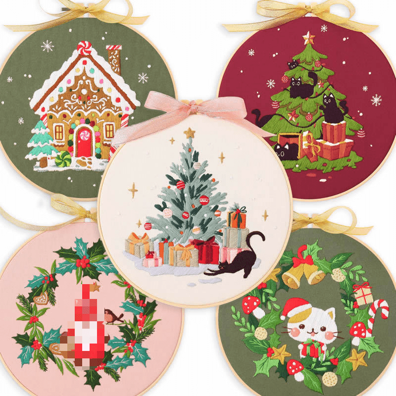 

1pc Embroidery Starter Kit For Christmas - Seasonal 3d With Christmas Tree, & Cats, Includes Patterned Fabric, Embroidery Hoop, Threads, Needles - Diy Craft Kit For Beginners