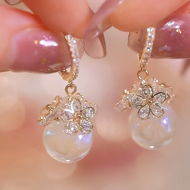 

Elegant Pearl & Zircon Flower Earrings-versatile Fashion Ornament Suitable For , Perfect Gift