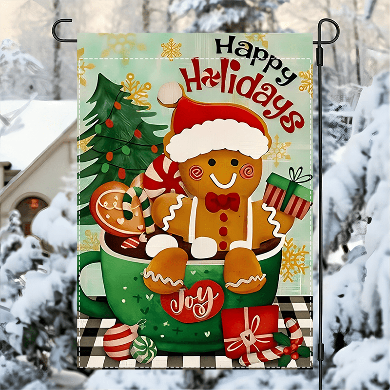 

Happy Holidays Gingerbread Garden Flag - Double-sided, Waterproof, Polyester, No Electricity Needed, 12x18 Inch For Christmas Decoration