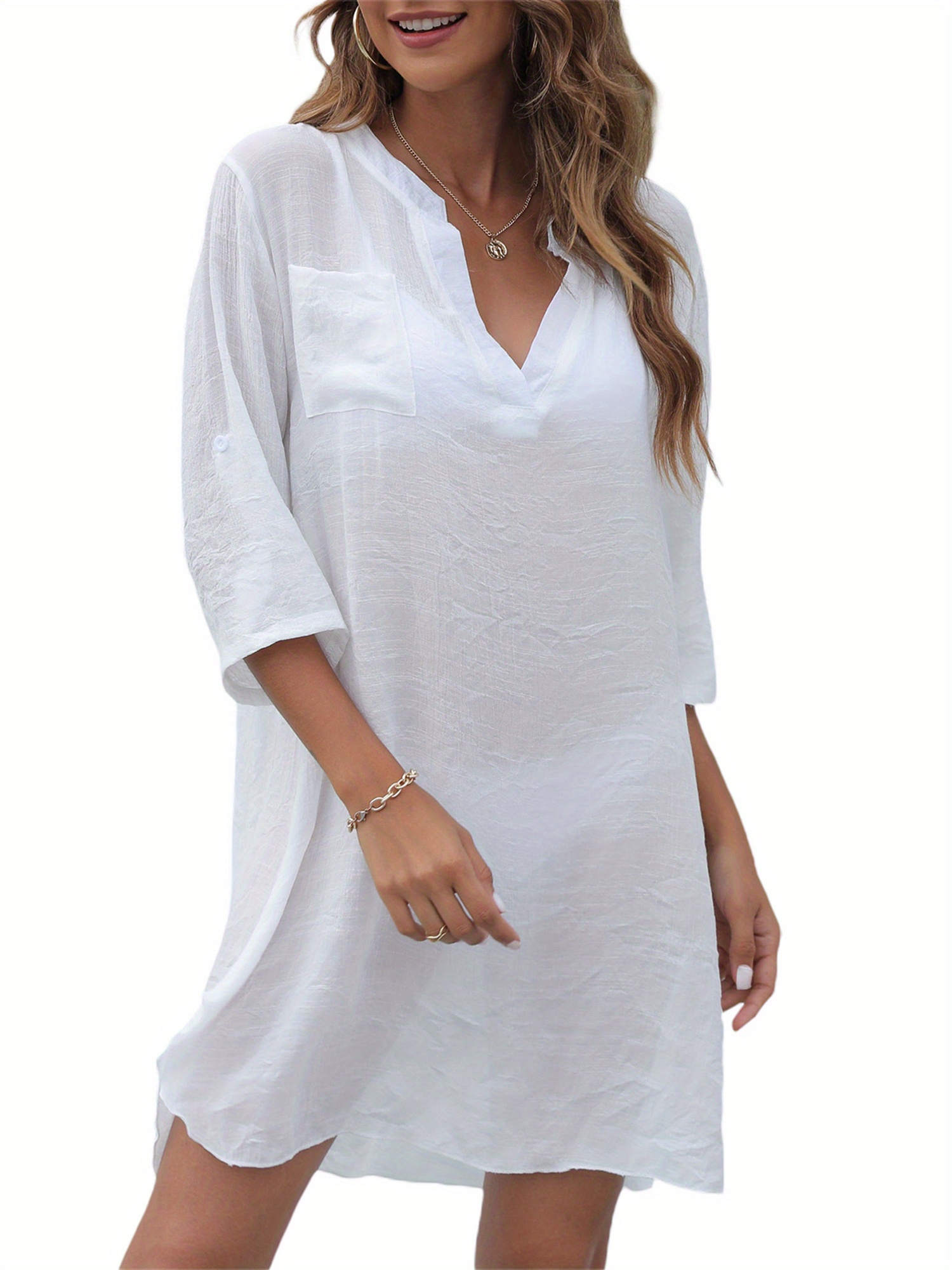 womens sheer swimsuit cover dress v neck loose fit beach - Temu