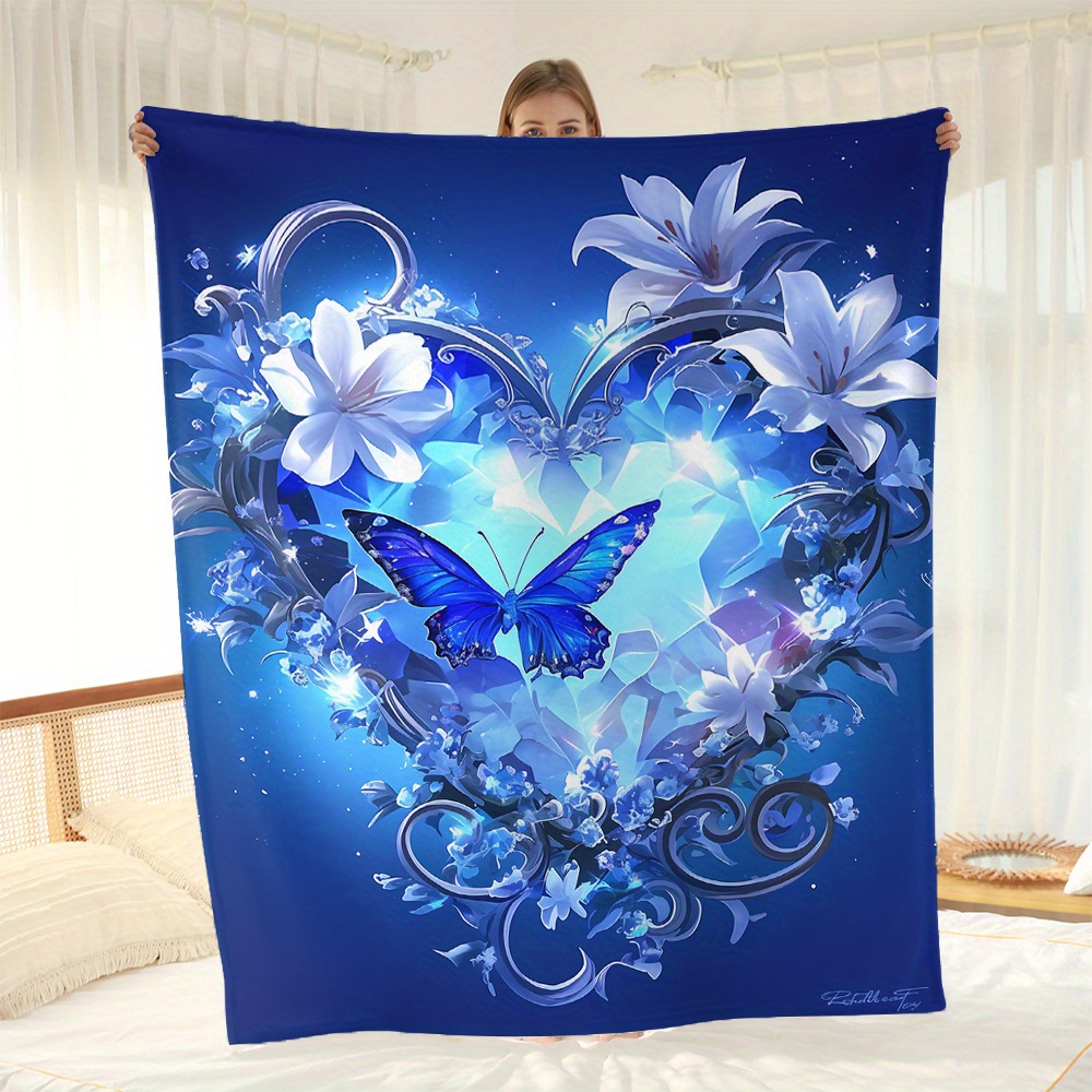 

Blue Floral Flannel Fleece Throw Blanket - All-season Digital Print Comfort Blanket With Heart And Butterfly Design, Soft Polyester, Contemporary Style, Machine Washable