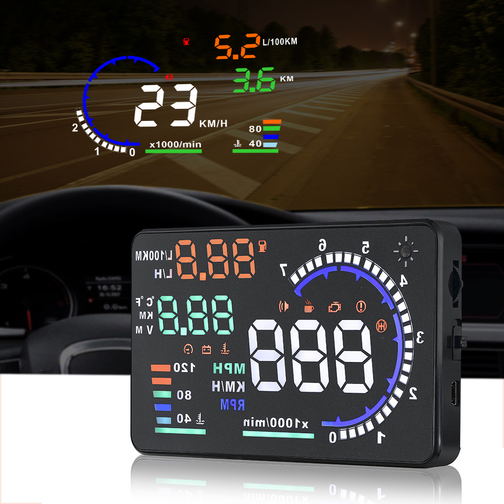 

A8 Hud Display 5.5" Dash Screen Projector Obd2 Rpm Mph Speedometer Warning Fuel Temperature Windshield Display Multiple-color Bright For Cars