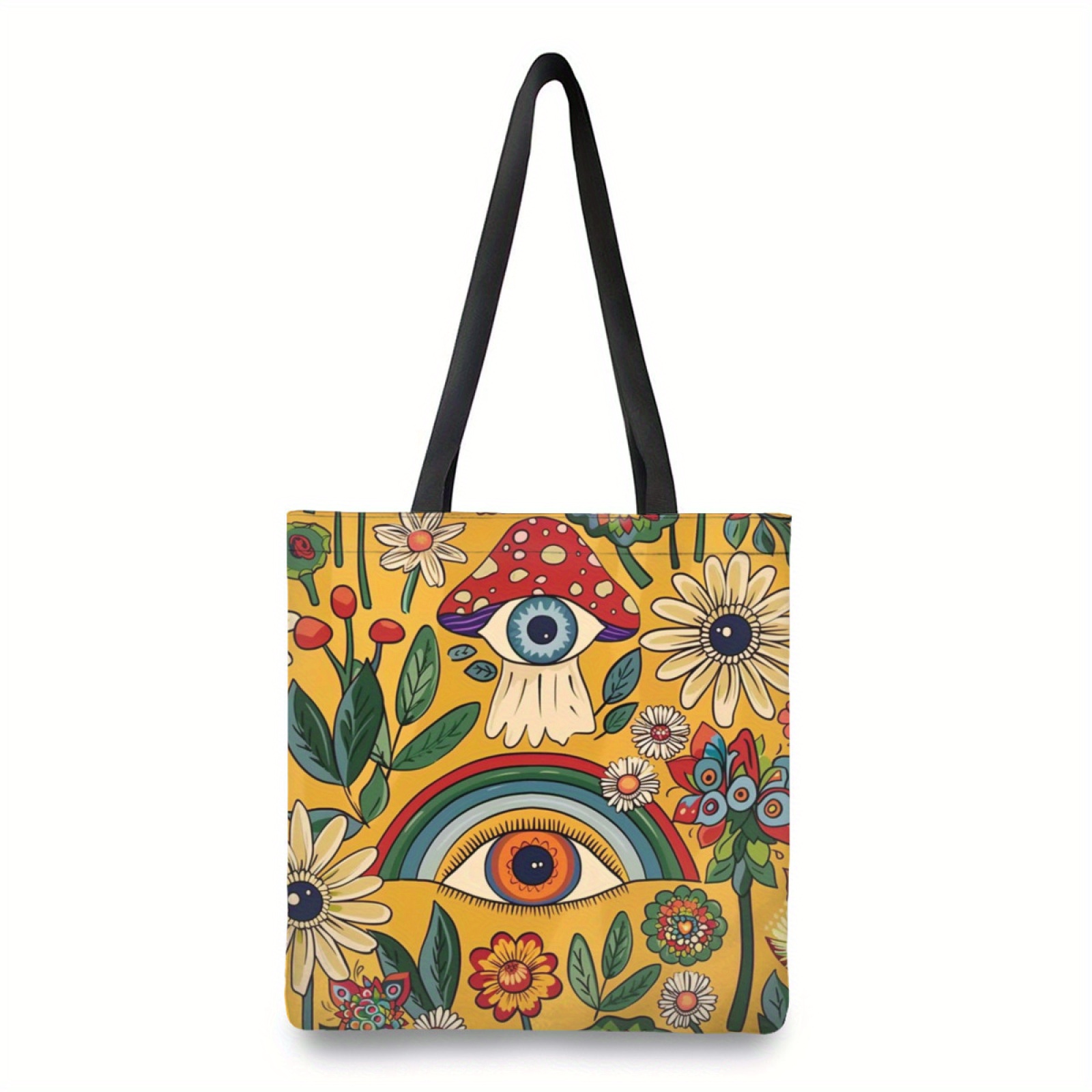 

1pc Bohemian Floral And Mushroom Canvas Tote Bag - Polyester Reusable Portable Storage Handbag With Rainbow And Eye Motif For Beach, School, And Shopping