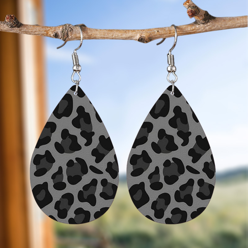 

Chic Gray Leopard Print Teardrop Earrings - Double-sided Faux Leather, Stainless Steel Hooks, Perfect For Everyday & Party Wear