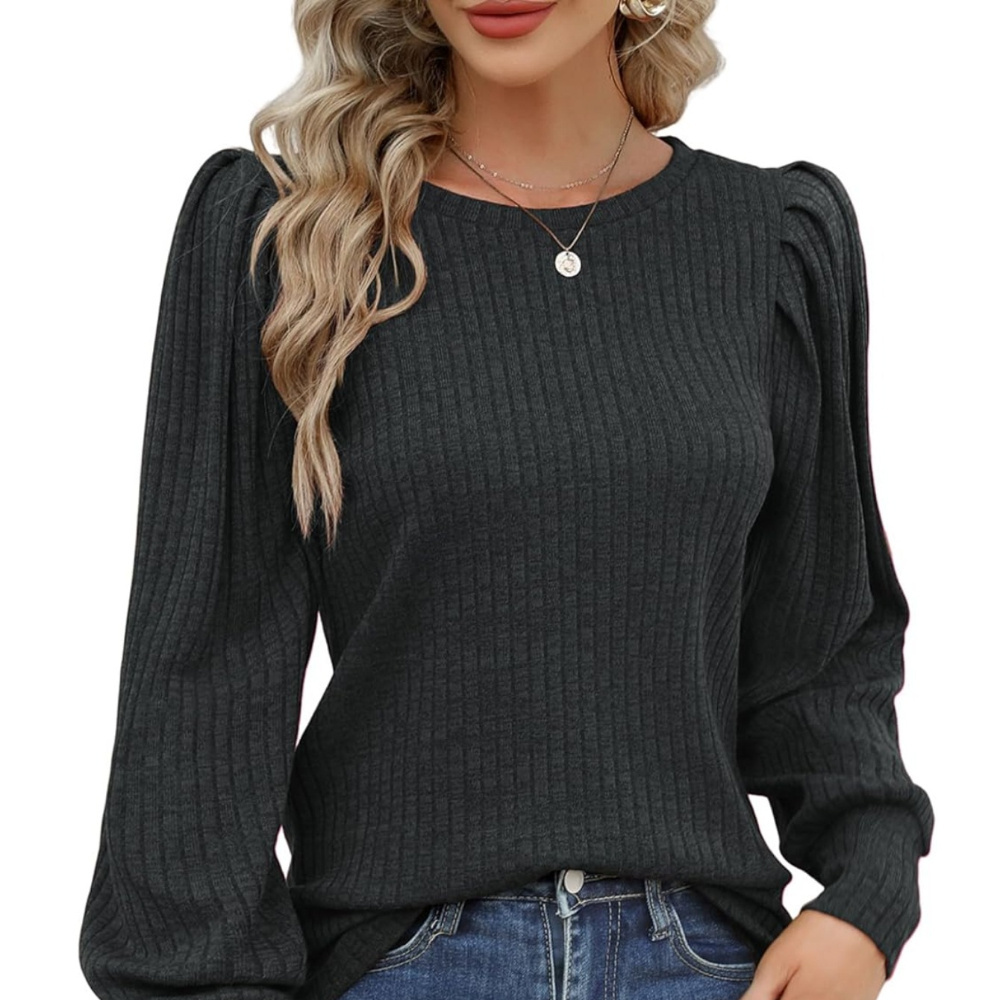 

Elesol Crew Neck Rib Knit Sweater, Elegant Puff Sleeve Top For Spring & Fall, Women's Clothing