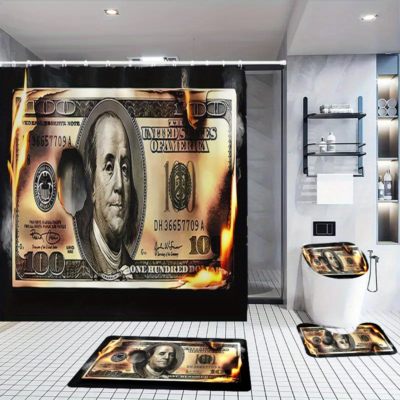 

Design Shower Curtain Set W/ Non-slip Bath Mat, U-shaped Rug, Toilet Lid Cover & 12 Hooks - Waterproof, Machine Washable Bathroom Decor, 1/3/4pcs Options