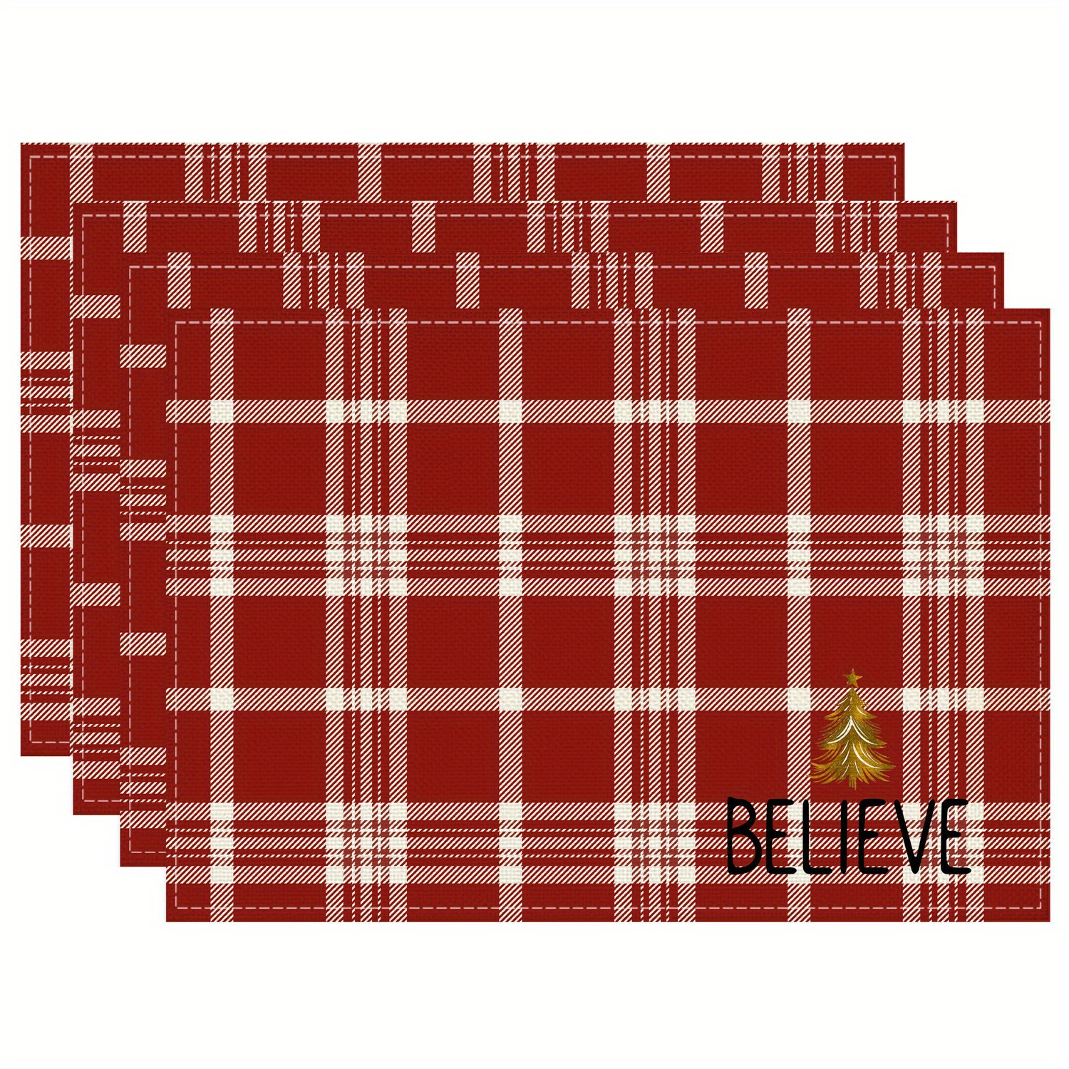 

Christmas Placemats Set Of 4, Woven Linen Blend Table Mats, 30x45cm, Rectangular, Hand Wash, Fade-resistant, Holiday Red Checkered Design With 'believe' Motif