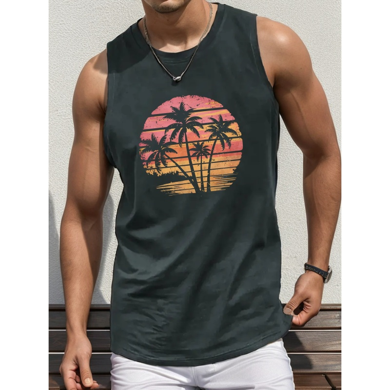 

1pc Men's Casual Round Neck Knit Tank Top, Polyester Stretch Summer Vest With Geometric Print, Regular Fit, Standard Size