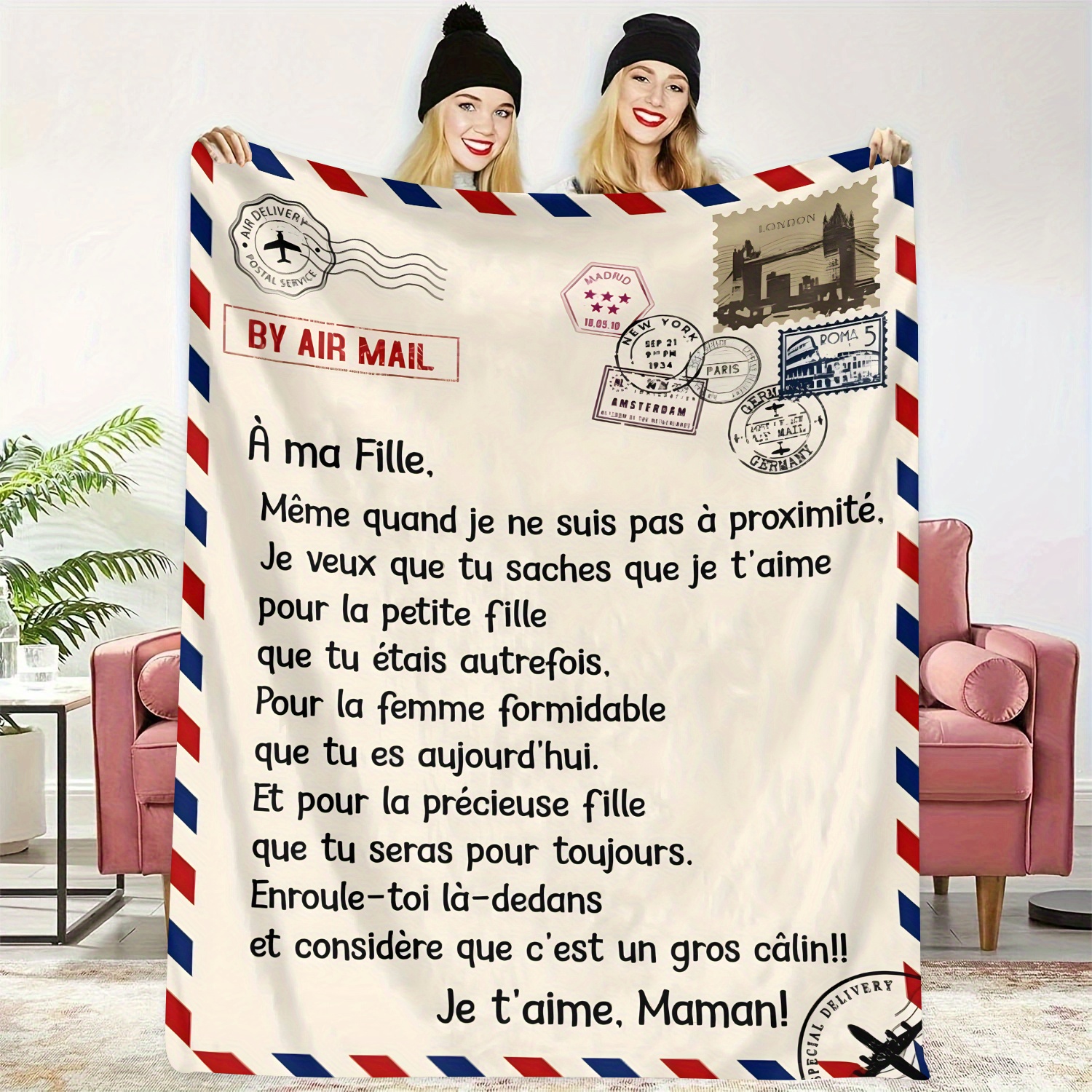 

French Letter Flannel Blanket, Comfortable Knit, , , , 200-250g , No Embellishments, Home & Kitchen Bedding, For Daughter