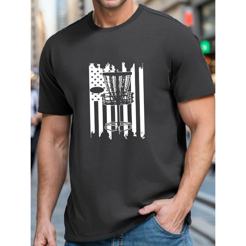 

American Flag Disc Golf Printed, Men's Short Sleeved T-shirts, Fashionable Comfortable Casual Tops For Summer & Spring Daily Wear