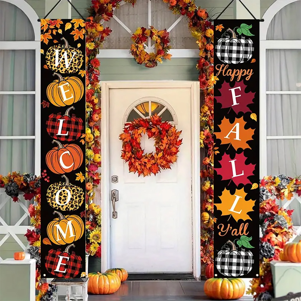 

1set Contemporary Knit Polyester Door Banners, Machine Washable, Autumn Porch Sign With Pumpkin & Maple Leaf, Harvest Thanksgiving Farmhouse Decor For Various Room Types