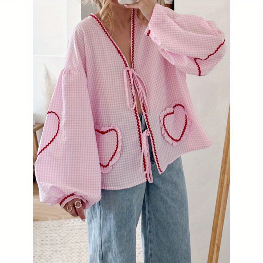 

Women Plus Size Long Sleeve Shirts Heart Embroidery Front Bowknot Blouses Fashion Casual Tops