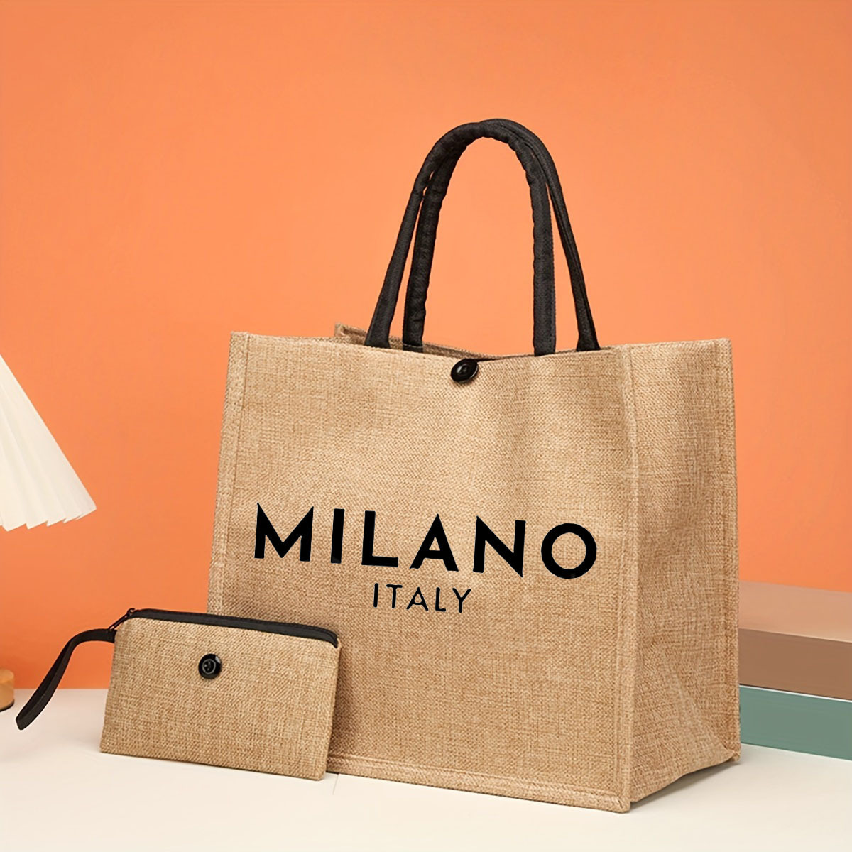 TEMU Italy Burlap Tote Bag Set - Lightweight Shopping Bag With Mini Coin Purse, Black Handles & Closure, Fabric, Travel & Everyday Use, Everyday Tote Bag|vacation Accessory| Handle Bag, Tote Bag