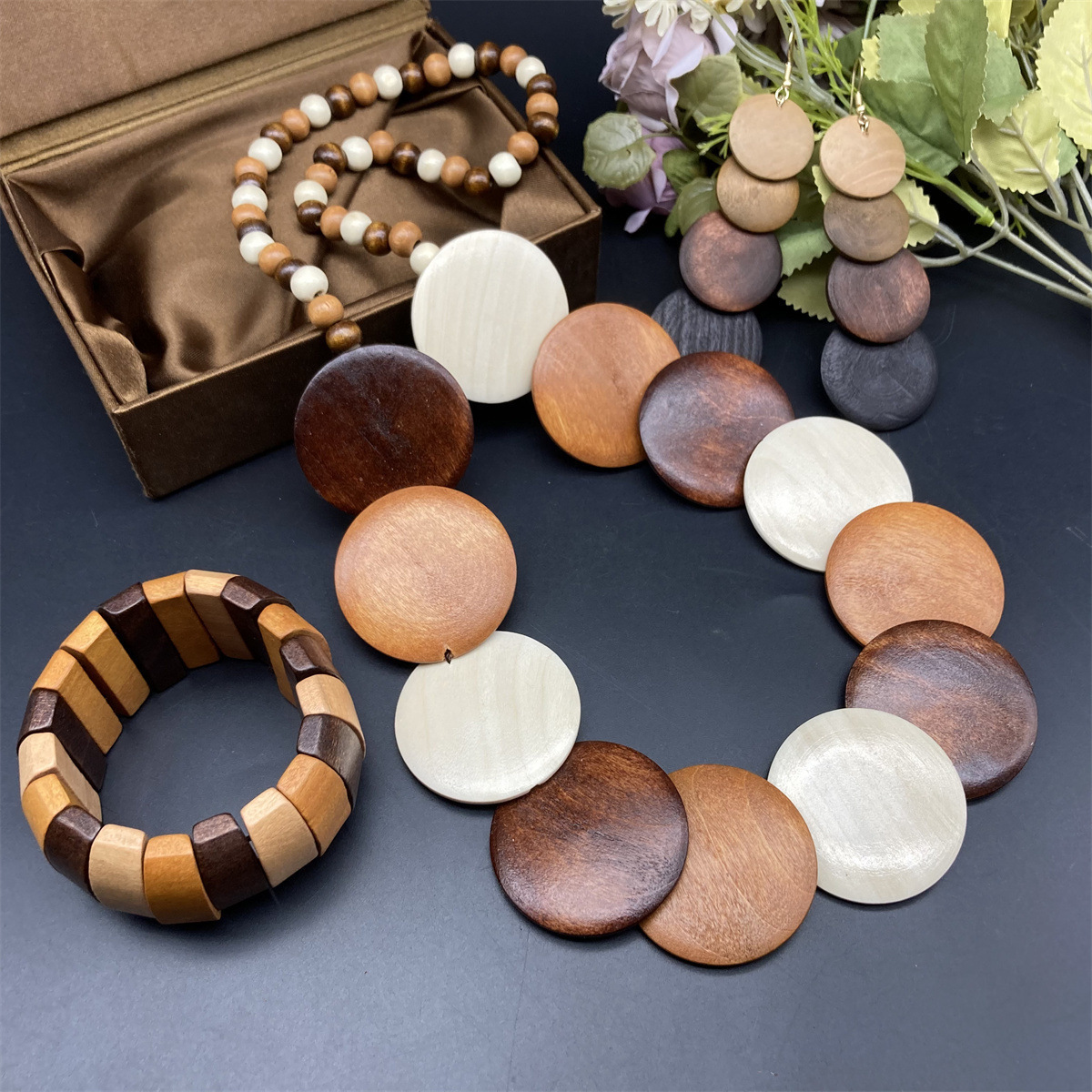 TEMU Rustic Bohemian 3-piece Jewelry Set, Vintage Wooden Necklace, Earrings, And Bracelet Combo, Ethnic Style Wooden Accessory Kit For Women