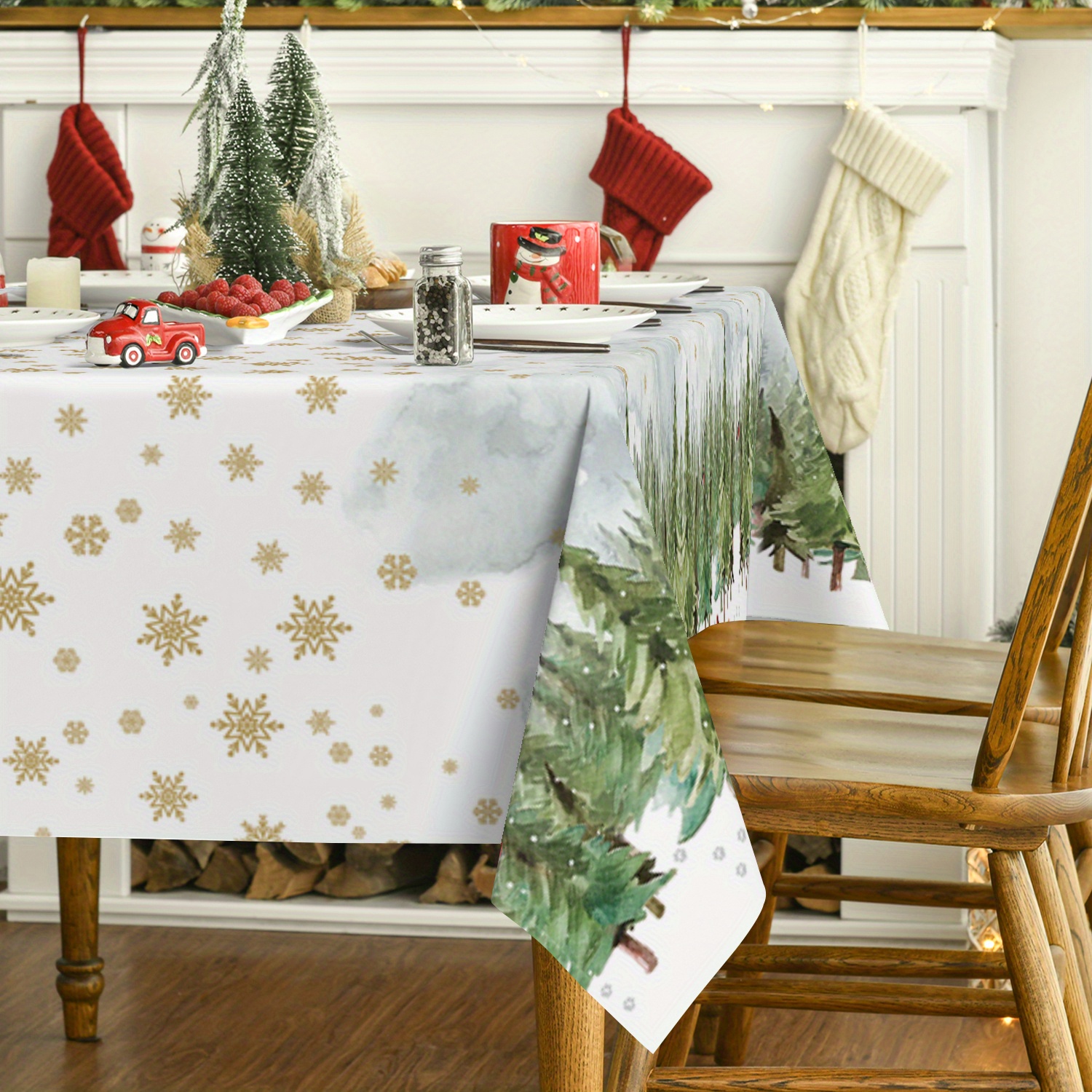 

1pc Christmas Round/rectangular Polyester Tablecloth, Golden Snowflakes And Pattern Washable Table Cover For Party Picnic Dinner Kitchen Room Decor