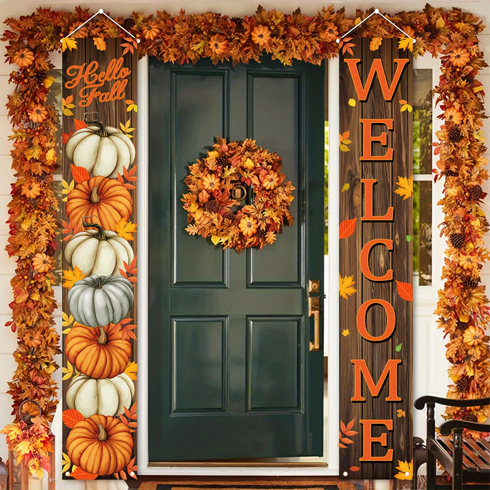 

2pcs Autumn Thanksgiving Welcome Door Banners - " X 11.8" Pumpkin Theme, Polyester, Indoor/outdoor Decor