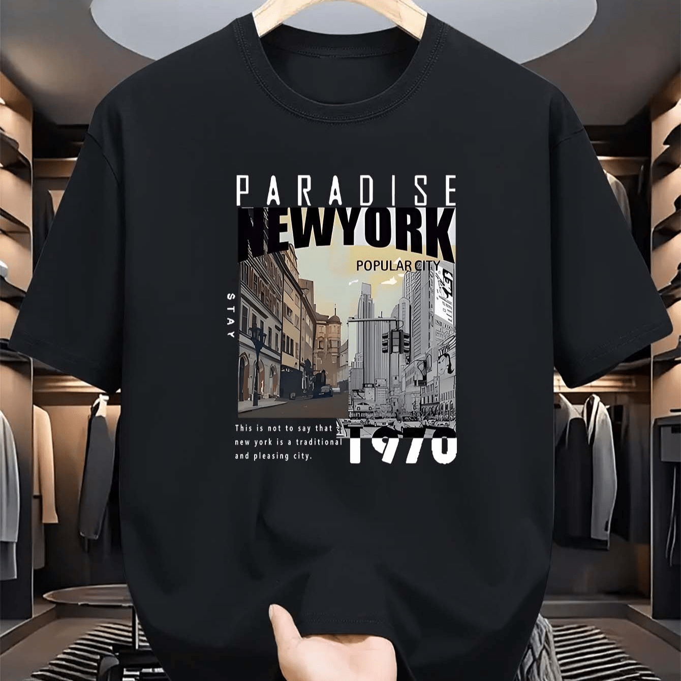 

Paradise New York, Men's Crew Neck Short Sleeve T-shirt, Trendy Creative Pattern, Casual Comfy Lightweight Tee Top For Summer Outfits