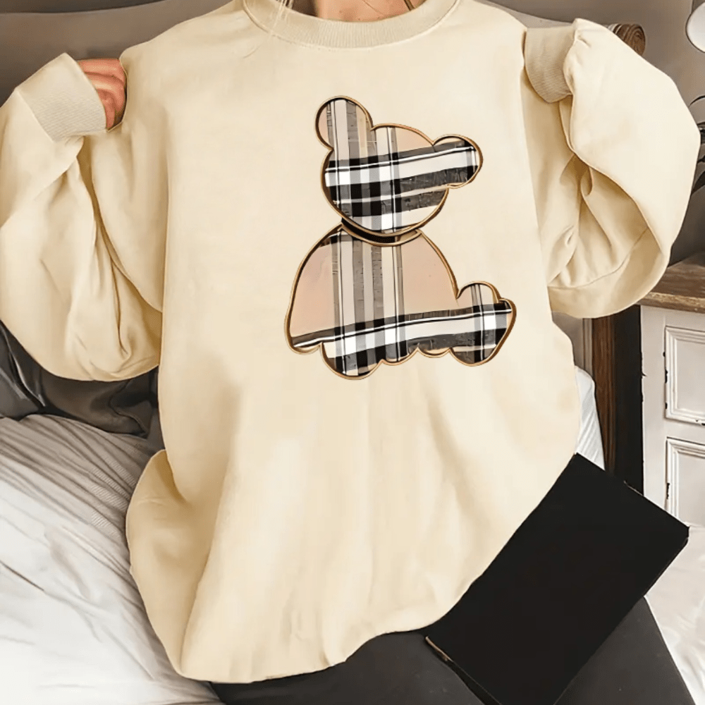 

Plaid Bear Print Pullover Sweatshirt, Casual Long Sleeve Crew Neck Sweatshirt For Fall & Winter, Women's Clothing