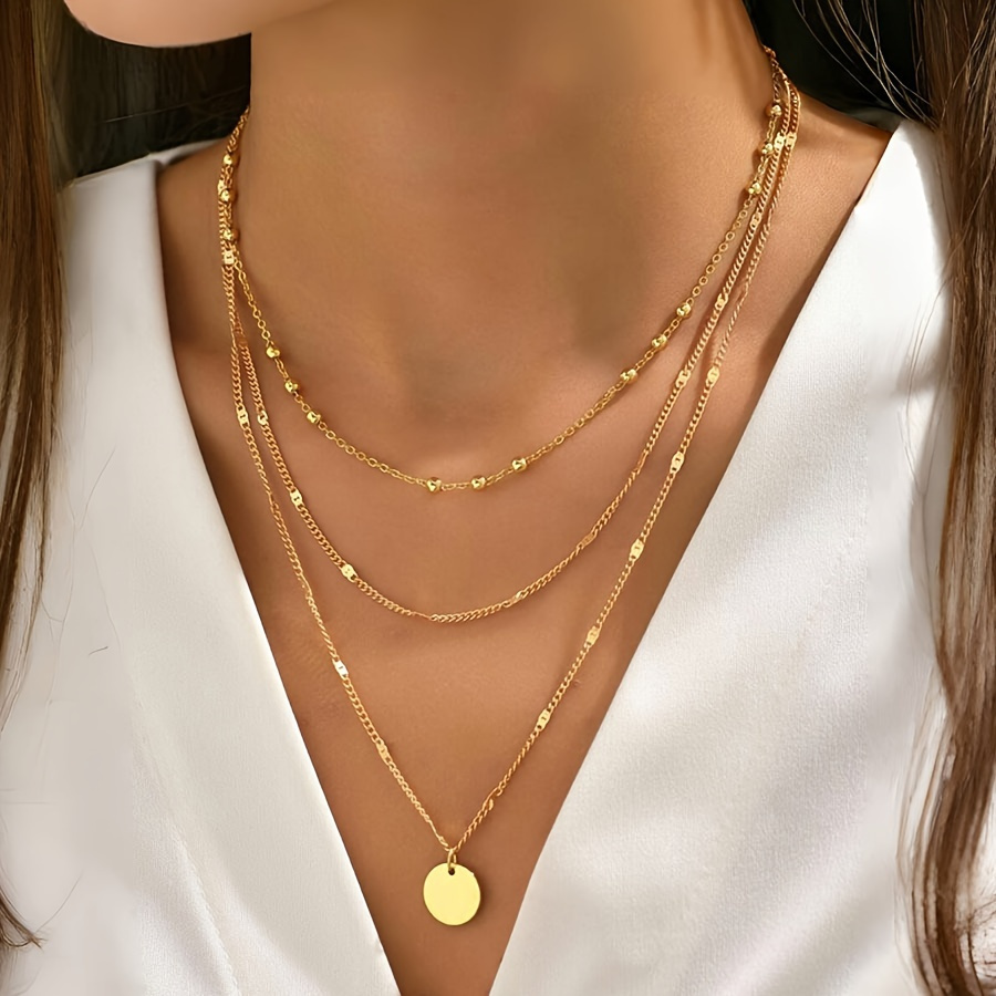 TEMU 1pc Three-layer Fashion Personality Round Piece Pendant Ladies Necklace Set, Minimalist Personality Cool Versatile Clavicle Chain Neck Chain Jewelry
