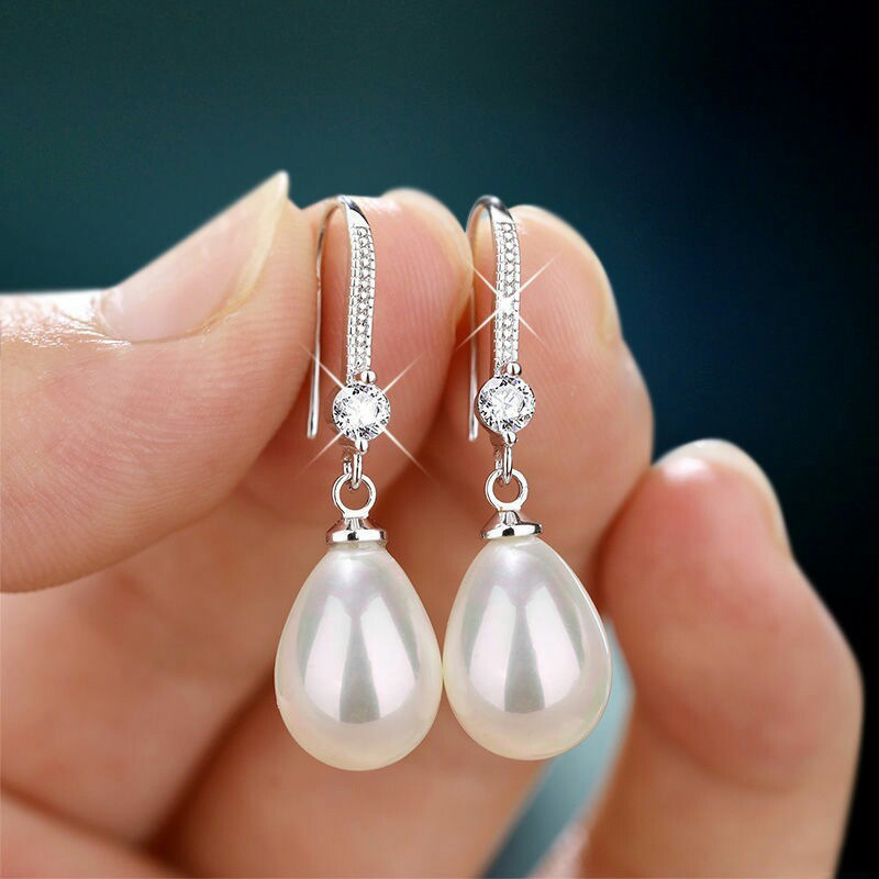 TEMU Hook Shape 925 Pearl Dangle Earrings For Women Bridal Engagement Wedding Drop Earrings Jewelry Gift