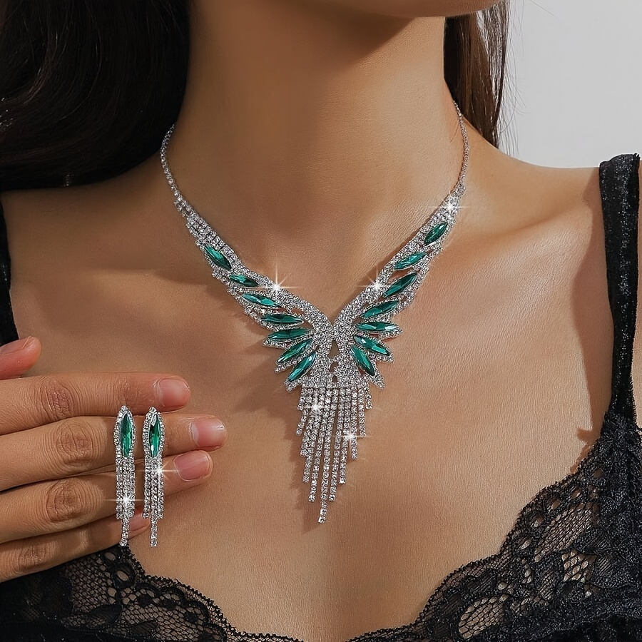 

Ladies' Luxury Crystal And Emerald Fringe Jewelry Set, Necklace And Earring 3-piece Set, Elegant Style, Suitable For Weddings, Parties And Special Occasions