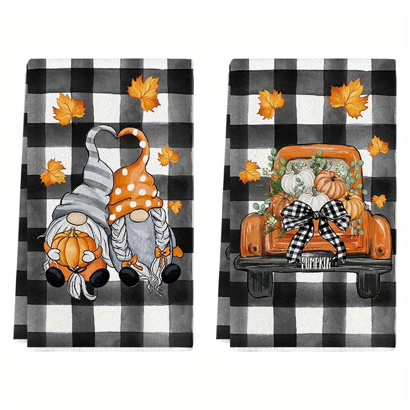 

2pcs Autumn Kitchen Towels - Buffalo Plaid, Pumpkin Truck & Gnome Design | Ultra-soft Microfiber Dish Cloths For Fall Decor | 18x26 Inch | Machine Washable