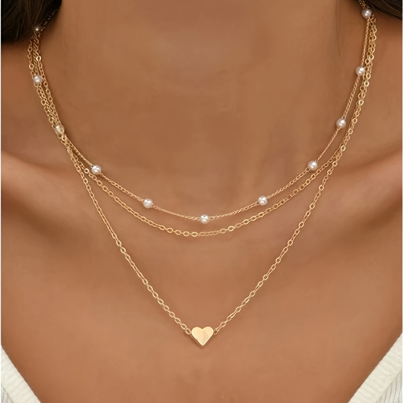 

3pcs/ Set Ladies Heart Charm Pearl Necklace Stackable Iron Necklace Female Jewelry Gift