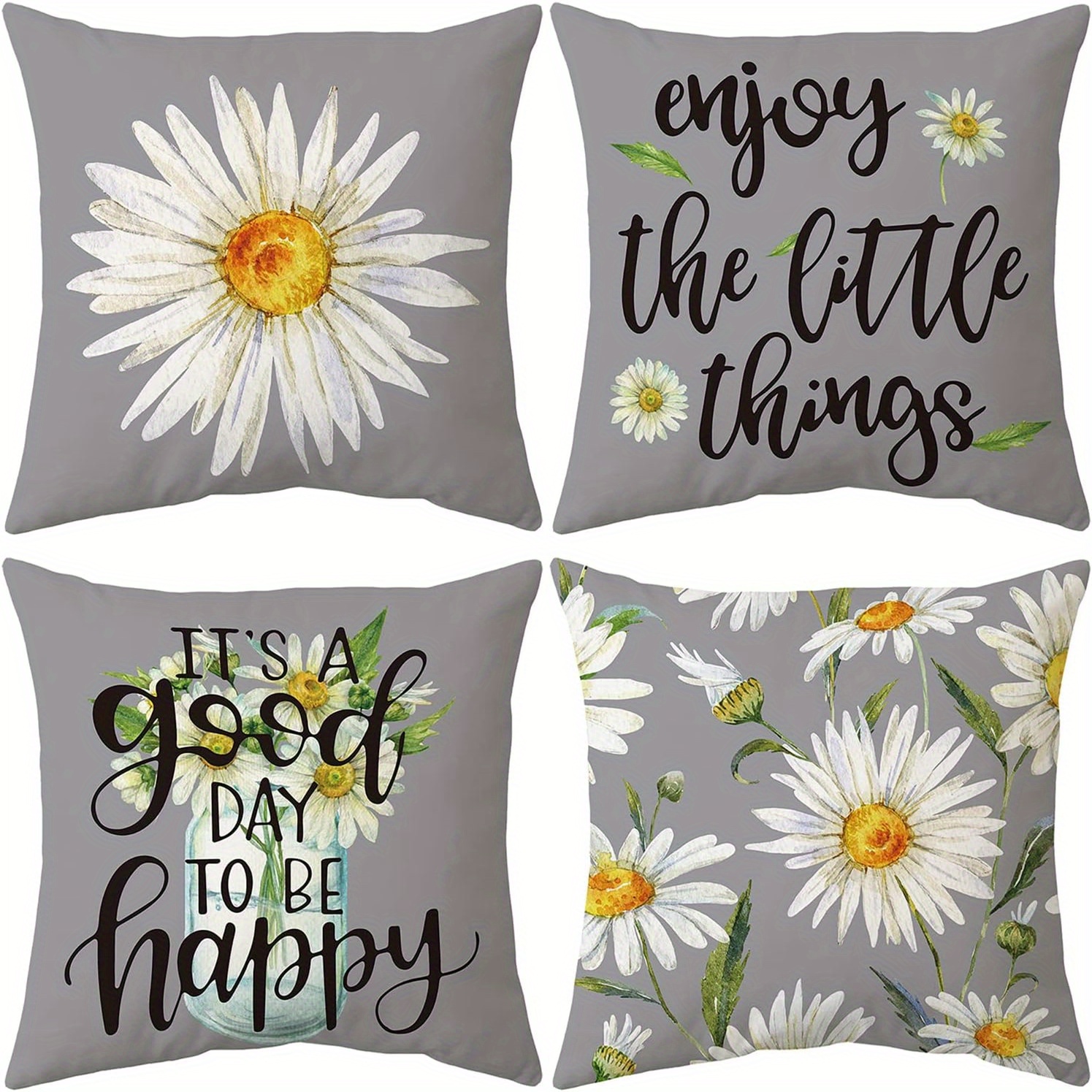 TEMU Set Of 4 Summer Daisy Floral Throw Pillow Covers - 17.7x17.7in Gray White Sunflower Pillow Cushion Cover - Square Summer , Decorative For Sofa, Livingroom, Bedroom, Patio, Outdoor Decor