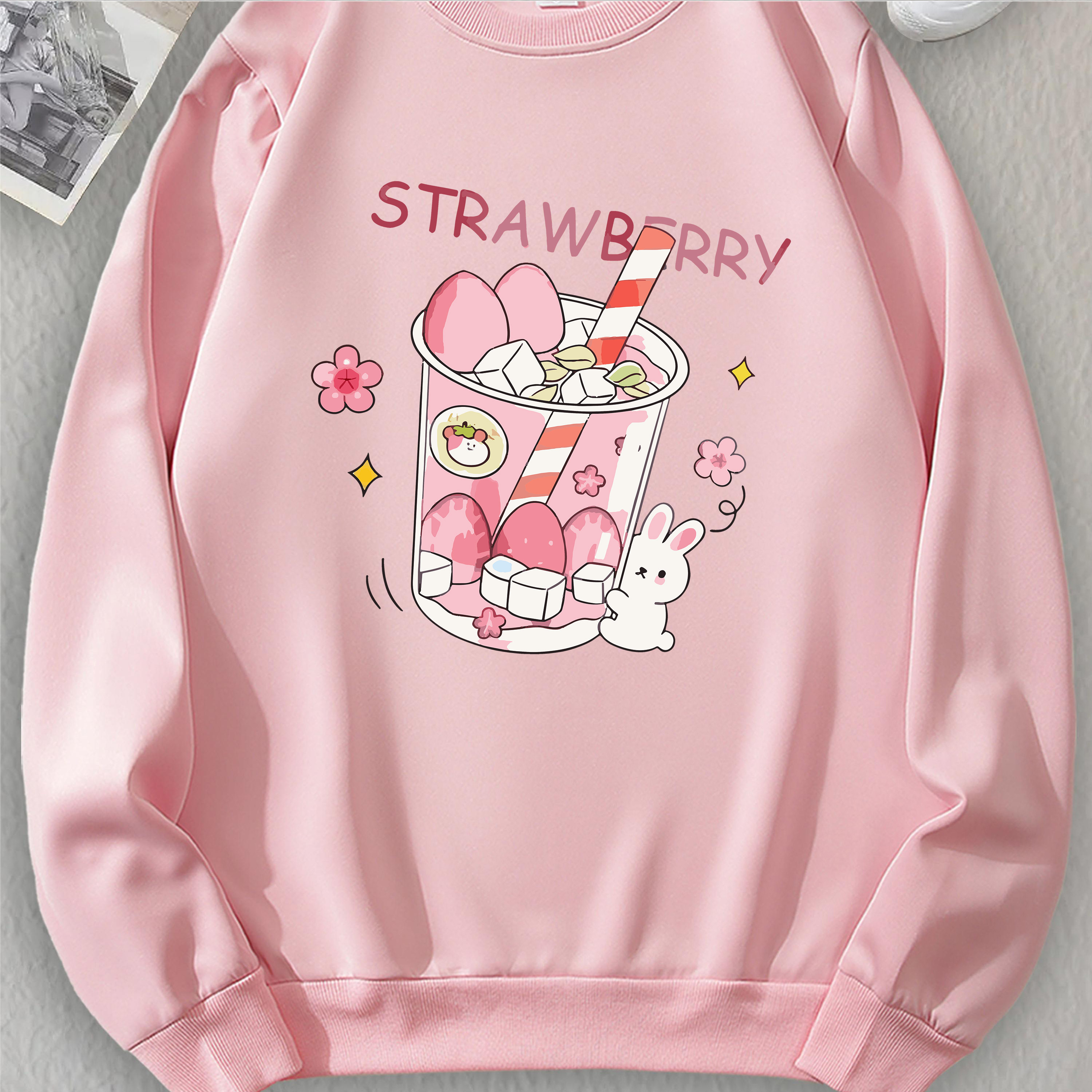 

Women's Casual Long Sleeve Crew Neck Sweatshirt With Cute Bunny & Strawberry Drinks & Letter Print, Sportswear For Fall & Winter, Outdoor Wear