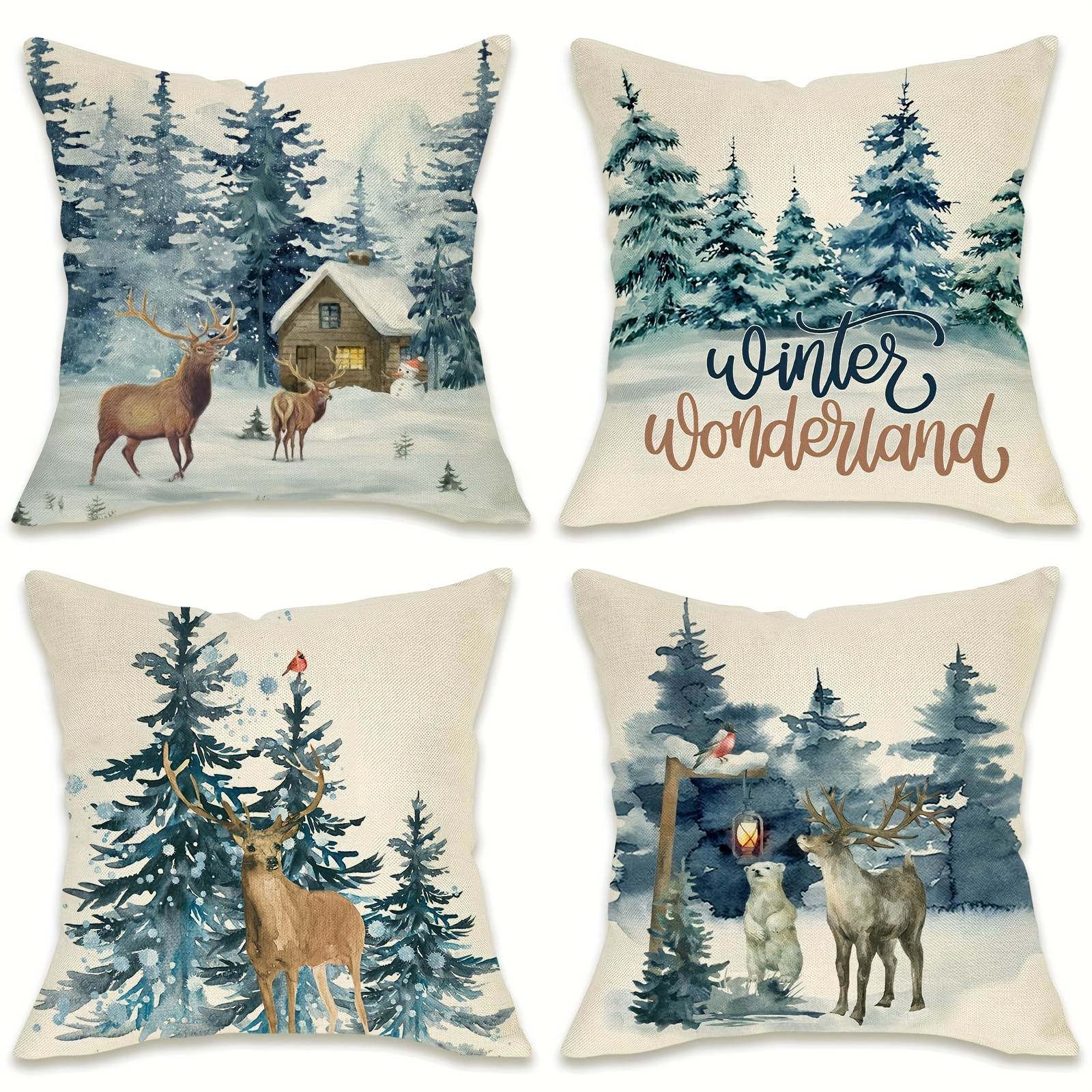 

4 Pcs Linen Christmas Reindeer And Pillow Covers - Zipper Closure, Machine Washable, Non-woven, Traditional Style - Suitable For All Room Types, Living Room Decor (pillow Inserts Not Included)