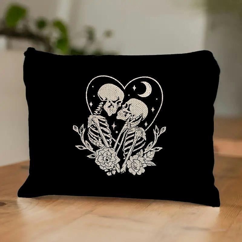 

Canvas Toiletry Makeup Bag With Gothic Skull And , Lightweight Hand Washable Casual Zippered Pouch With Durable Lining