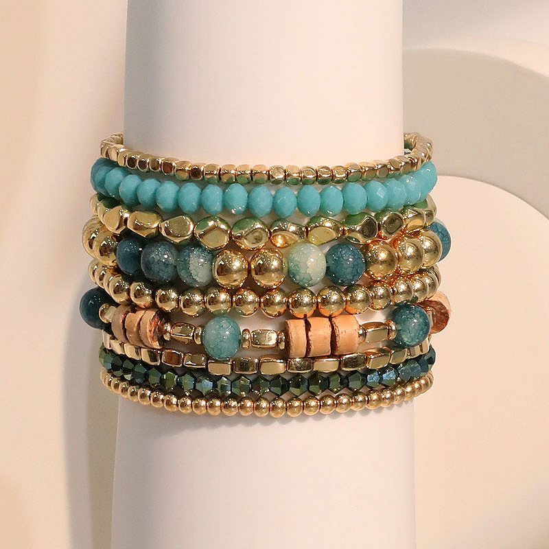 TEMU 9pcs Multilayer Beaded Bracelets Set, Style Ccb Resin Wooden Beads Artificial Crystal Beading Bracelets Set, Gifts , Famliy