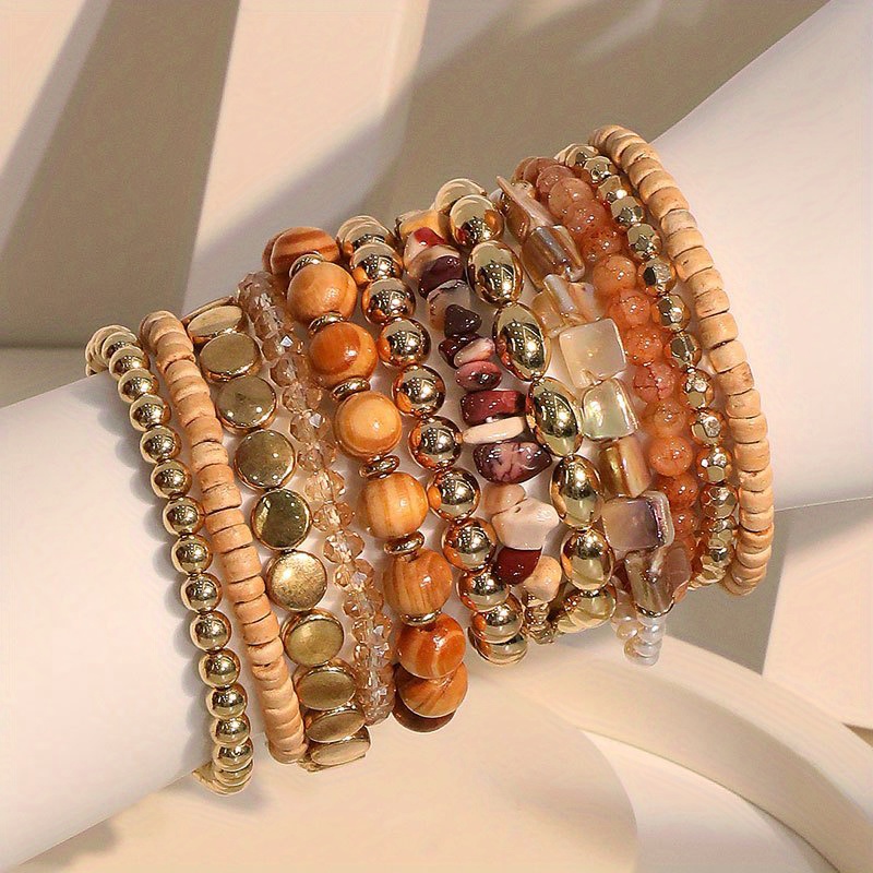 TEMU Set Of 12 Bohemian Beach Bracelets, Featuring Natural Stone, Wooden Beads, And Resin, Wear, Holidays, Gifting, And Summer Events