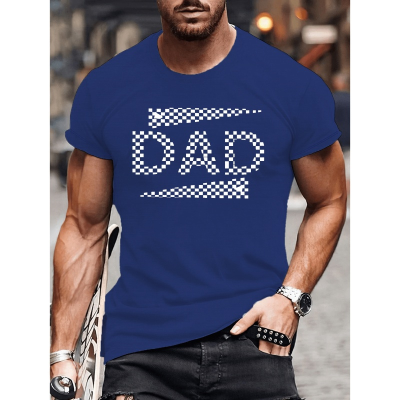 

Dad Checkered Pattern Print Men's Crew Neck T-shirt, Short Sleeve Comfy Versatile Tee Tops, Summer Casual Clothing