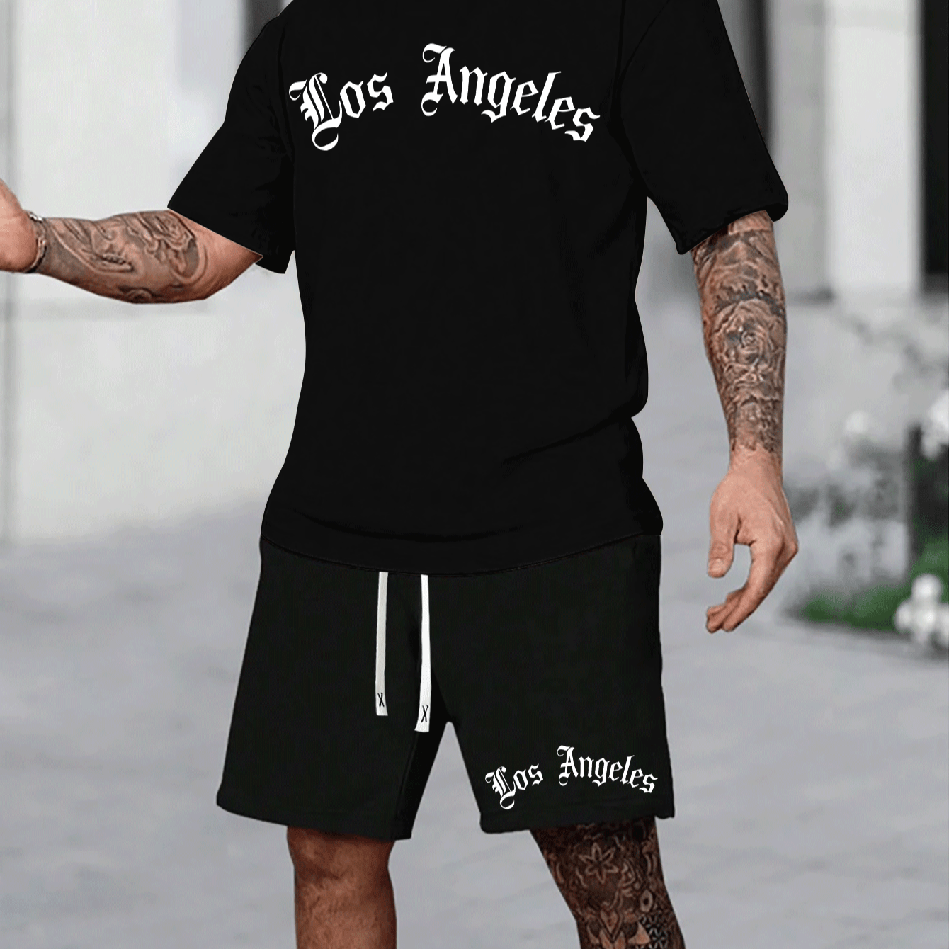 

' Los Angeles ' City Name In Art Font Print Versatile Short Sleeve Tee Shirt & Casual Shorts Co Ord Set, Men's 2pcs Trendy Comfy Outfits For Summer Outdoor Wear