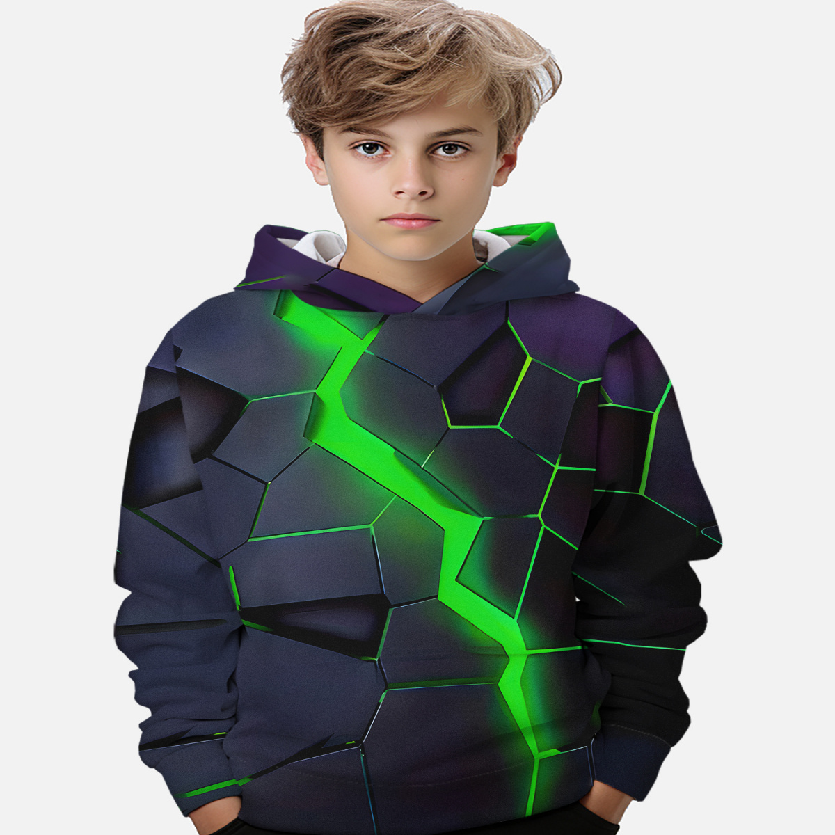 

Boy's Glittering Cracks Print Hooded Sweatshirt For Autumn And Spring - Casual Trendy Outdoors Long Sleeve Hoodie As Gift