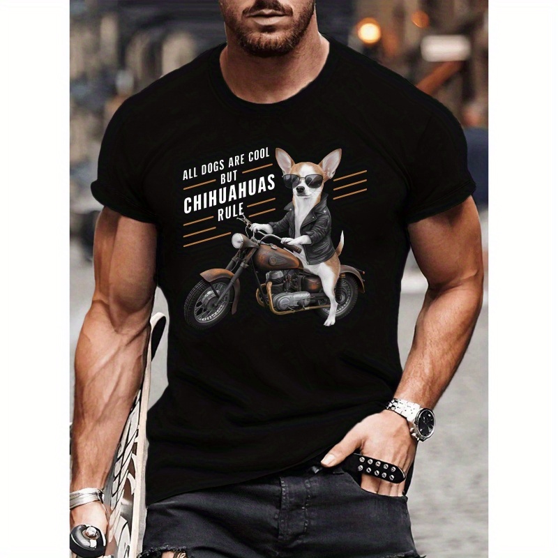 

Plus Size Men's Summer T-shirt, Motorcycle Chihuahuas Rule Illustration Graphic Print Short Sleeve Tees Trend Casual Tops For Daily Life, Big & Tall Guys