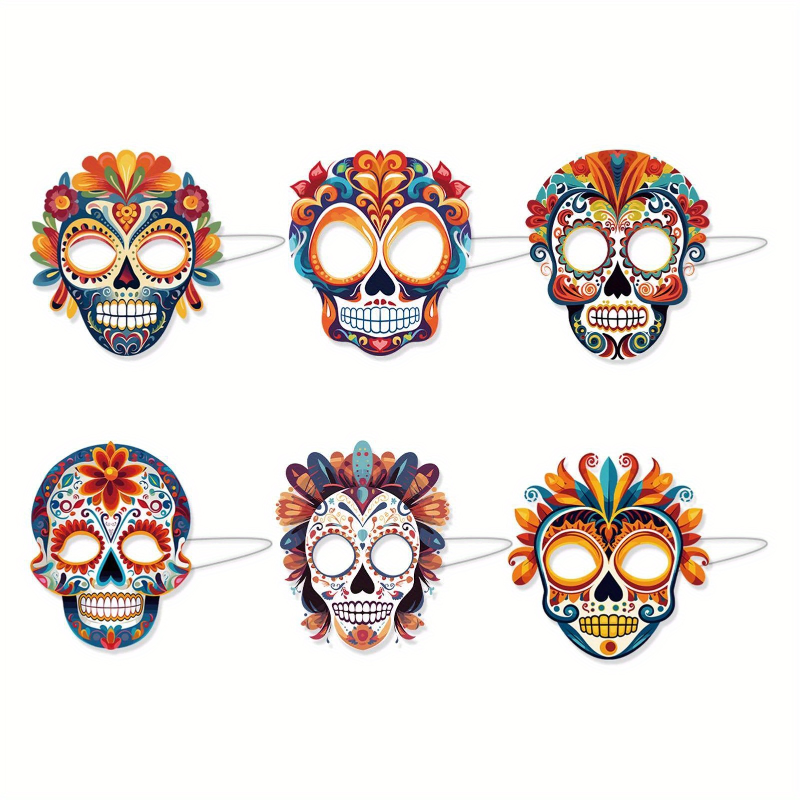 TEMU 6pcs Sugar Masks - Full Face Paper Masks With Elastic Strings For Halloween & Party Decorations