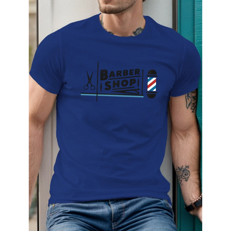 

Barber Shop With Scissors Print Tee Shirt, Men's Casual Round Neck Short Sleeve T-shirt, Outdoor Comfy Top For Summer, Outdoor Comfy Top